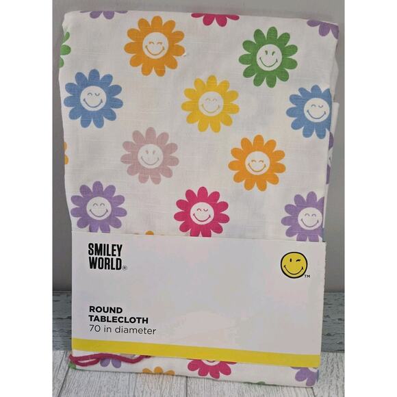 Smiley World Round Tablecloth 70" White Multi Color Flower Power Smileys Retro - Picture 1 of 5